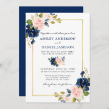 Watercolor Classic Blue Pink Floral Gold Hochzeit