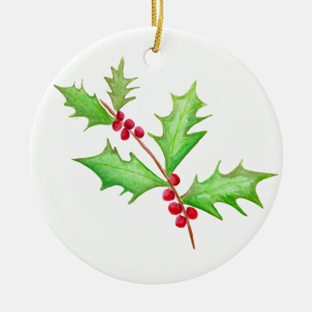 Watercolor Classic Christmas Holly Keramik Ornament (Vorne)