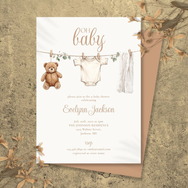 Watercolor Clothesline Neutral Baby Shower Einladung (Watercolor Clothesline Neutral Baby Shower Invitation)