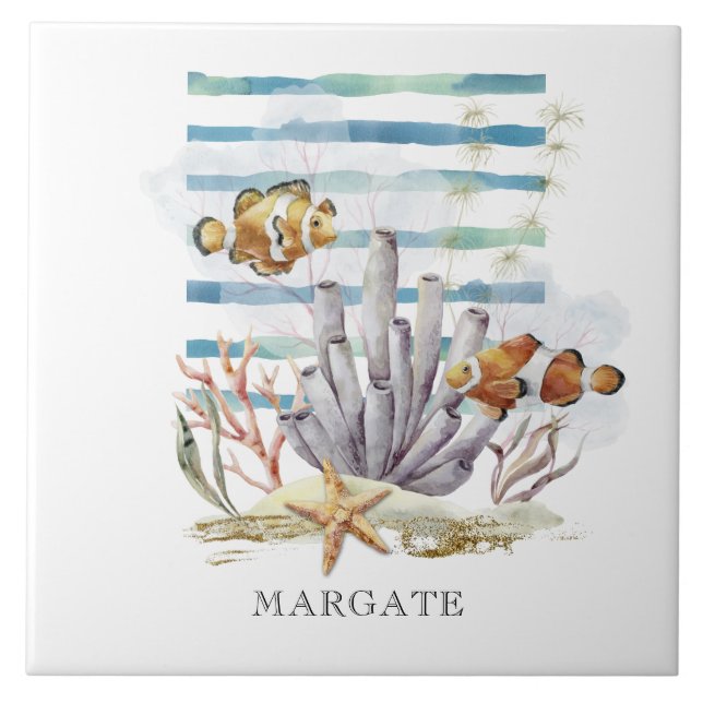 Watercolor CLOWING FISH Design, Beach MARGATE Fliese (Vorderseite)