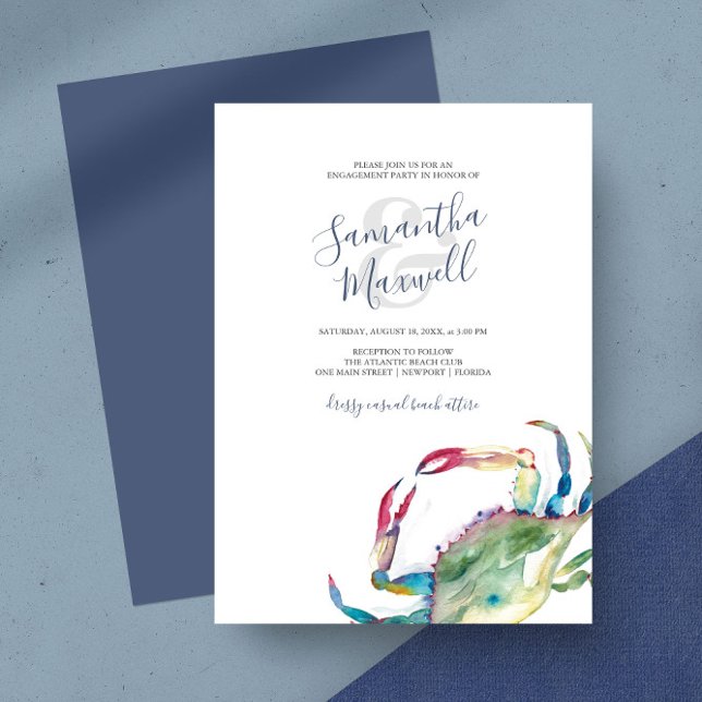 Watercolor Coast Crab Engagement Party (Engagement party invitations watercolor crab art by Victoria Grigaliunas)