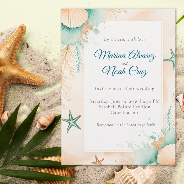 Watercolor Coastal Chic Beach Wedding Invitation Einladung (Von Creator hochgeladen)