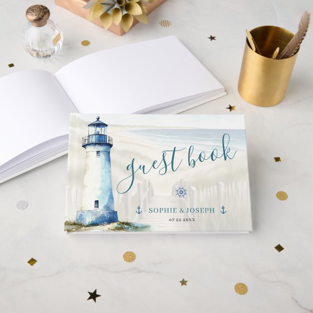 Watercolor Coastal New England Wedding Gästebuch (Vorderseite Offen)