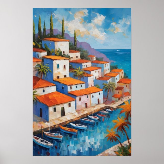 Watercolor Coastal Village  sailboat   Poster (Vorne)