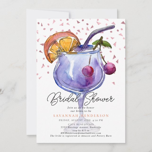  Watercolor Cocktail Confetti Bridal Shower  Einladung (Vorderseite)