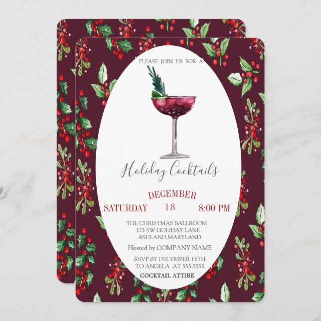 Watercolor Cocktail Holly Berry Weihnachten Einladung (Vorne/Hinten)