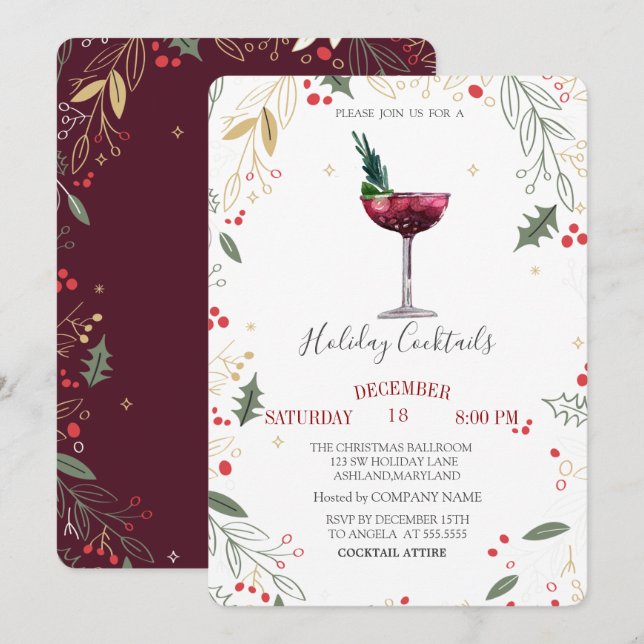 Watercolor Cocktail Holly Company Weihnachten Einladung (Vorne/Hinten)
