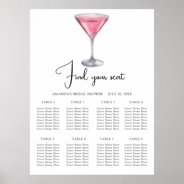 Watercolor Cocktail Wedding seating chart Poster (Vorne)