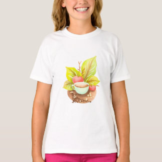 Watercolor Coffee Cup with Leaves and Beans Art T-Shirt