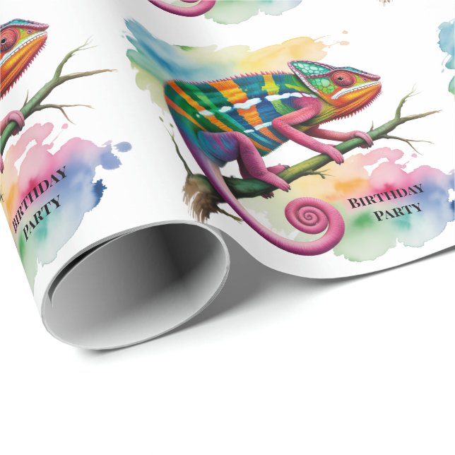 Watercolor Colorful Chameleon Birthday Party Geschenkpapier (Rolleneckpunkt)