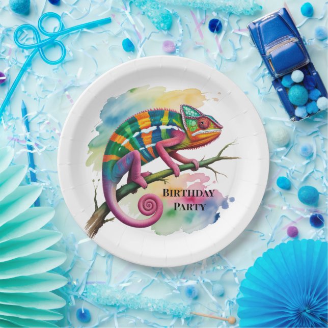 Watercolor Colorful Chameleon Birthday Party Pappteller (Party)