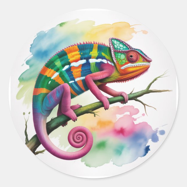 Watercolor Colorful Chameleon Birthday Party Runder Aufkleber (Vorderseite)