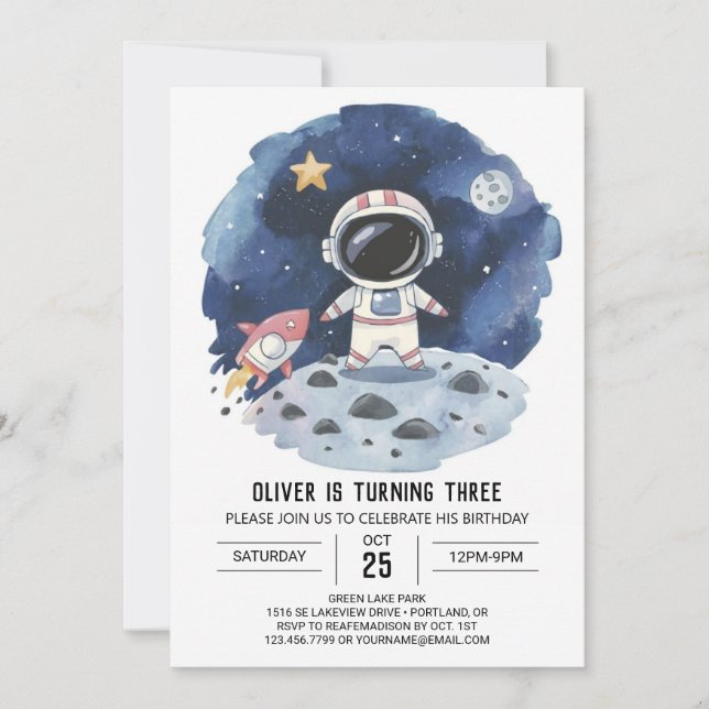 Watercolor Comet Boho Astronaut Boy Birthday Einladung (Vorderseite)