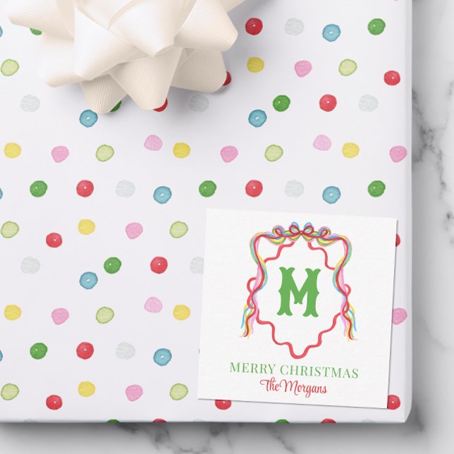 Watercolor Confetti Christmas Bow Monogram Wappen Mitteilungskarte (Von Creator hochgeladen)