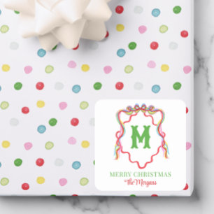 Watercolor Confetti Christmas Bow Monogram Wappen Quadratischer Aufkleber