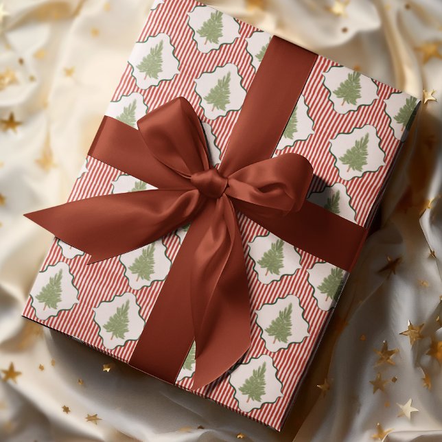 Watercolor Coquette Christmas Tree Striped Pattern Geschenkpapier (Von Creator hochgeladen)