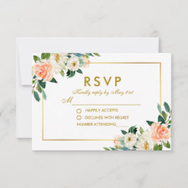 Watercolor Coral Floral Gold Wedding RSVP Karte