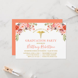 Watercolor Coral Floral Medical Graduation Party Einladung