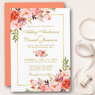 Watercolor Coral Floral Wedding Gold Script Einladung