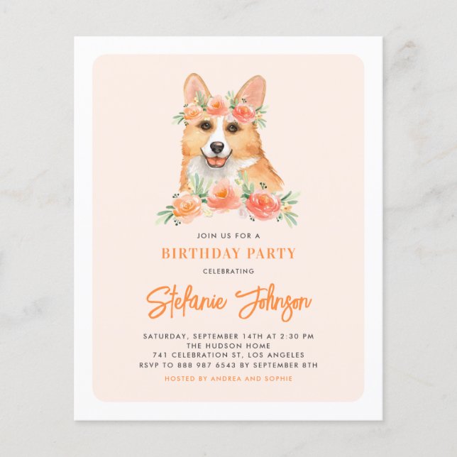 Watercolor Corgi Peach Birthday Party Invitation (Vorderseite)