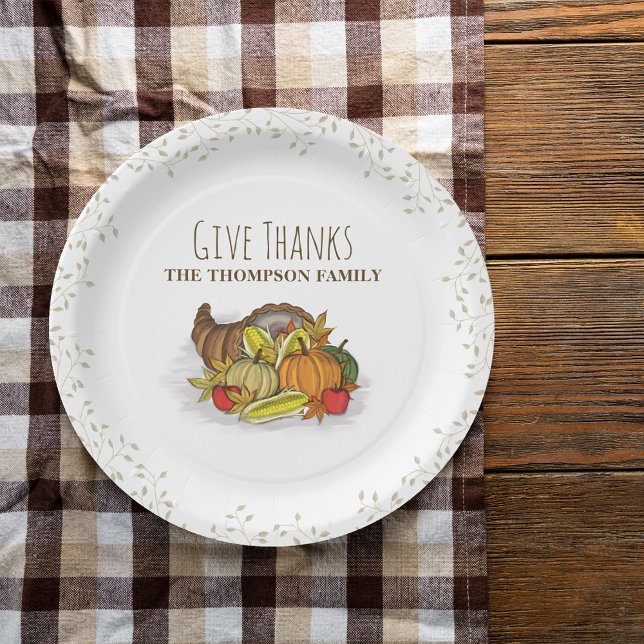 Watercolor Cornucopia Custom Thanksgiving Pappteller (Give Thanks Thanksgiving Watercolor Cornucopia Paper Plate.)