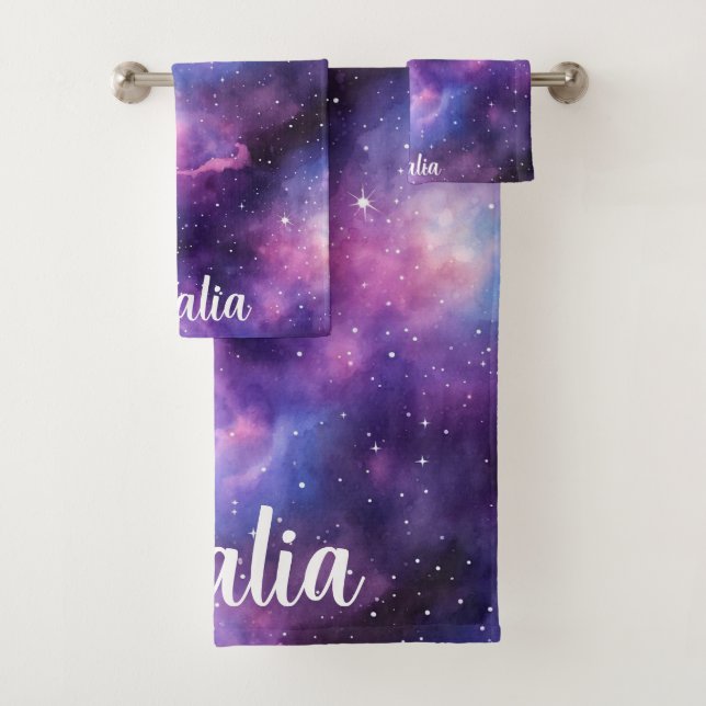Watercolor Cosmic Blue Purple Galaxy Nebula Badhandtuch Set (Insitu)