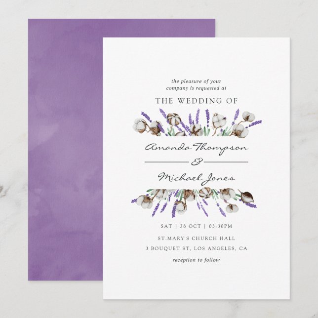 Watercolor Cotton Lavender Country Wedding Einladung (Vorne/Hinten)
