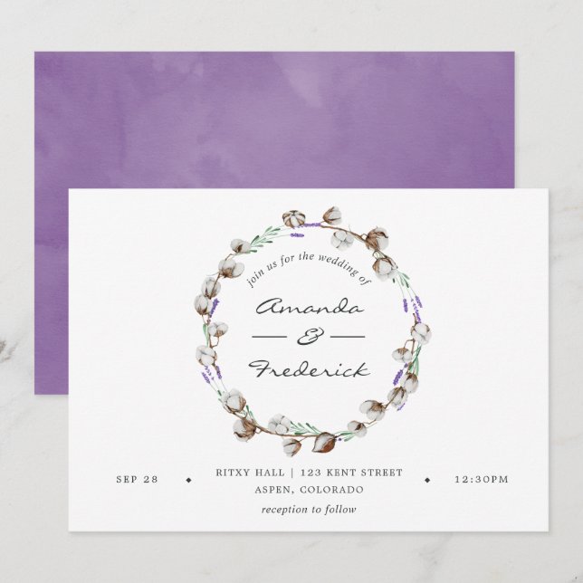 Watercolor Cotton Lavender Country Wedding Einladung (Vorne/Hinten)