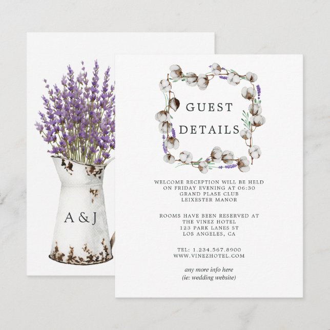 Watercolor Cotton Lavender Wedding Guest Details E Begleitkarte (Vorne/Hinten)