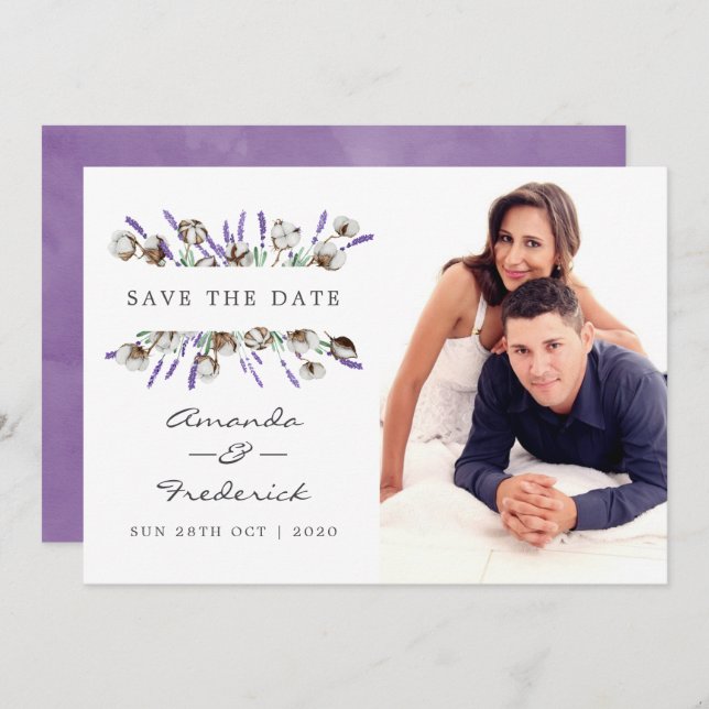 Watercolor Cotton Lavender Wedding Save the Date Einladung (Vorne/Hinten)