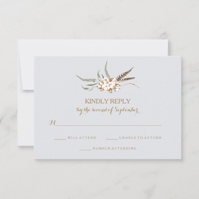 Watercolor Cotton Wreath Feather Wedding RSVP Card (Vorderseite)