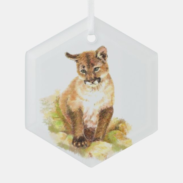 Watercolor Cougar Kitten Wildlife Art Ornament Aus Glas (Vorderseite)