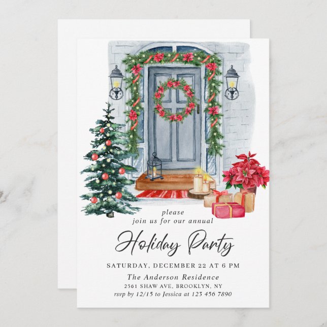 Watercolor Country Holiday House Weihnachten Party Einladung (Vorne/Hinten)