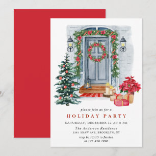 Watercolor Country Holiday House Weihnachten Party Einladung