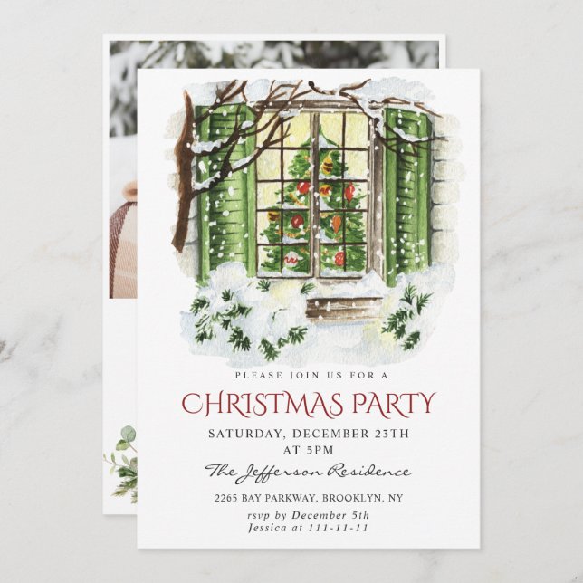 Watercolor Country Holiday House Weihnachten Party Einladung (Vorne/Hinten)