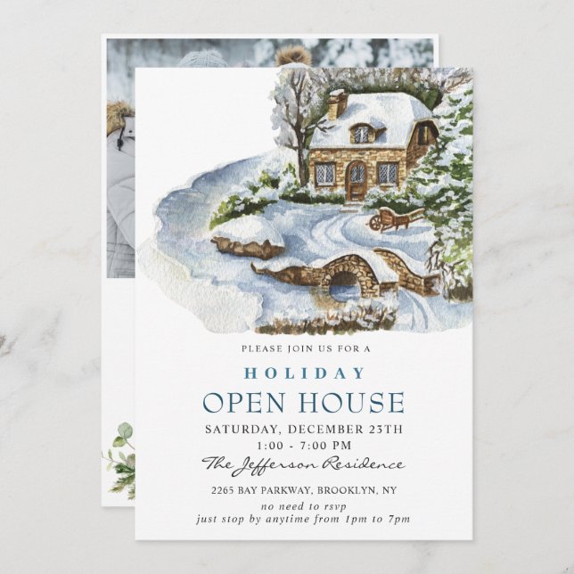 Watercolor Country Holiday Weihnachts-Open House Einladung (Vorne/Hinten)