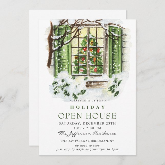 Watercolor Country Holiday Weihnachts-Open House Einladung (Vorne/Hinten)