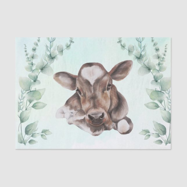 Watercolor Cow Baby Cala Eucalyptus Seidenpapier (Vorderseite)