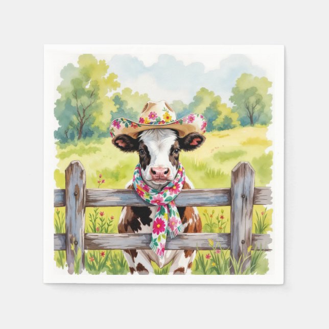 Watercolor Cow Wearing a Summer Hat Serviette (Vorderseite)