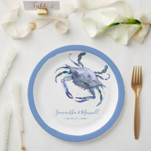 Watercolor Crab Dusty Blue Beach Hochzeit Pappteller