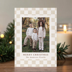 Watercolor Cream Gingham Weihnachts-Foto Feiertagskarte