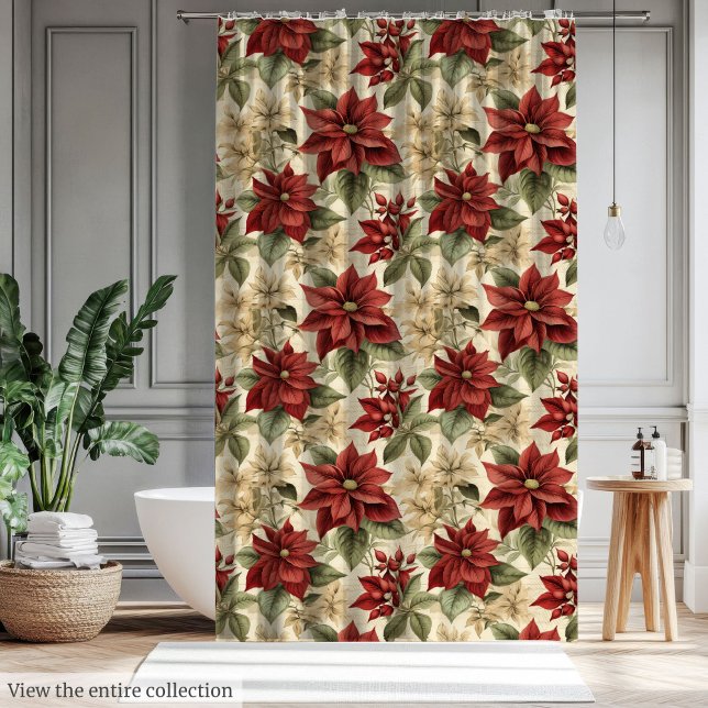 Watercolor Curtain with Red Christmas Poinsettias Duschvorhang (Watercolor Curtain with Red Christmas Poinsettias)