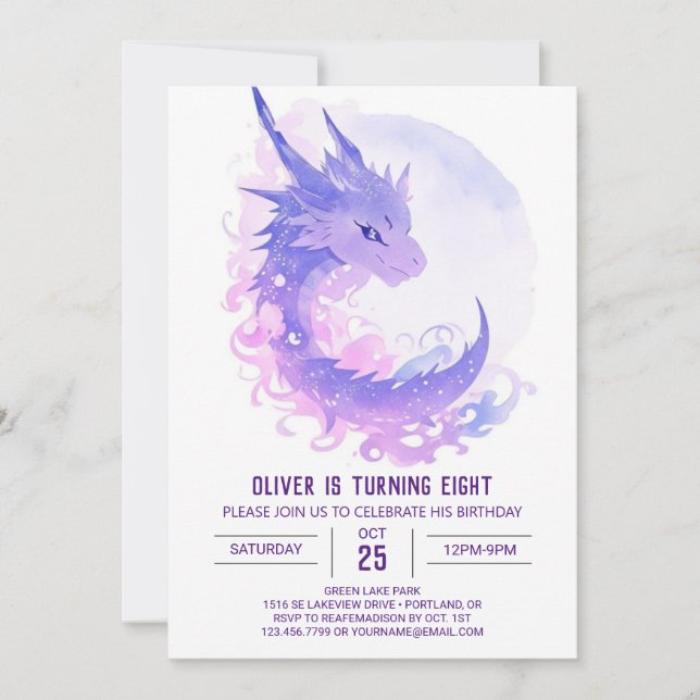 Watercolor Custom Dragon Birthday Einladung (Vorderseite)