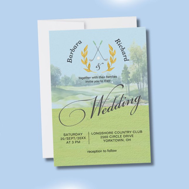 Watercolor Custom Golf Wedding w/Details  Einladung (Von Creator hochgeladen)