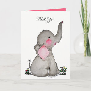 Watercolor Cute Baby Elephant With Blush & flowers Dankeskarte