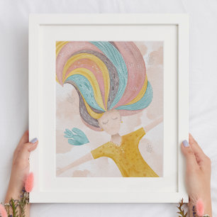 Watercolor cute cartoon girl. Pink fairy fantasy Poster