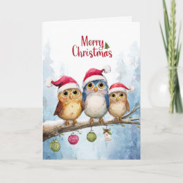 Watercolor Cute Owls Whimsical Christmas Folded Karte
