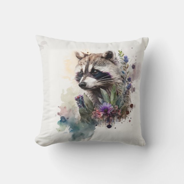 Watercolor Cute Raccoon Spring Flowers        Kissen (Vorderseite)