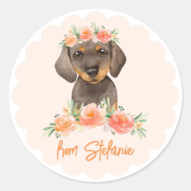 Watercolor Dachshund and Peach Flowers Birthday Runder Aufkleber (Vorderseite)