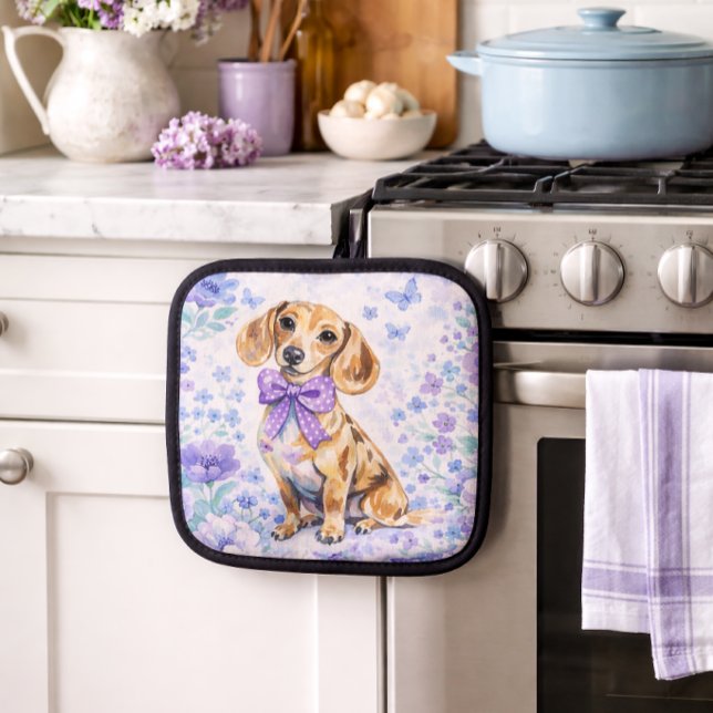 Watercolor Dachshund Purple Floral  Topflappen (Watercolor Dachshund Purple Floral Pot Holder)